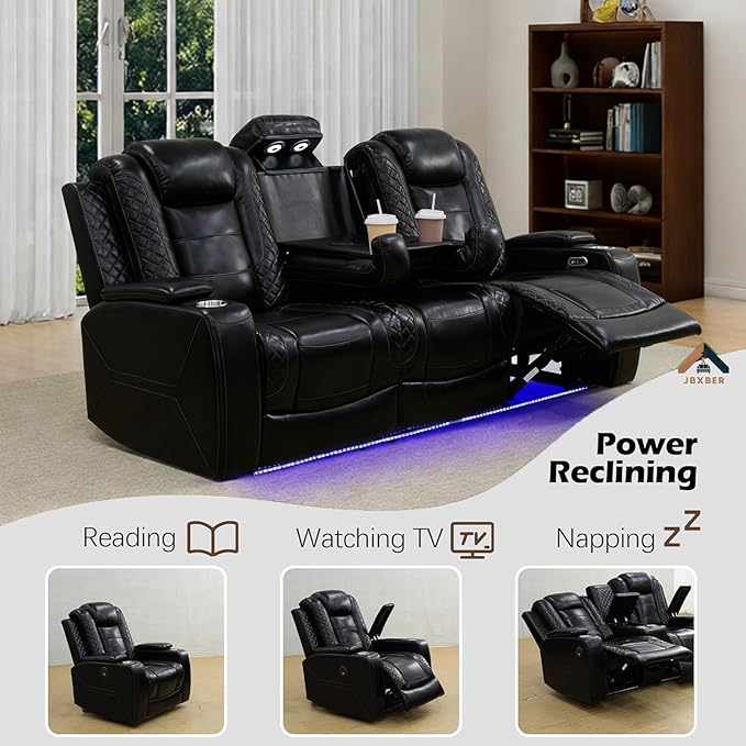 Power Reclining Sofa Set for Living Room, Leather Recliner Couch Set with Drop-Down Table, Power Pads, Cup Holders, Storage Console for House/Home Teather(Sofa, Loveseat and Chiar, Black)