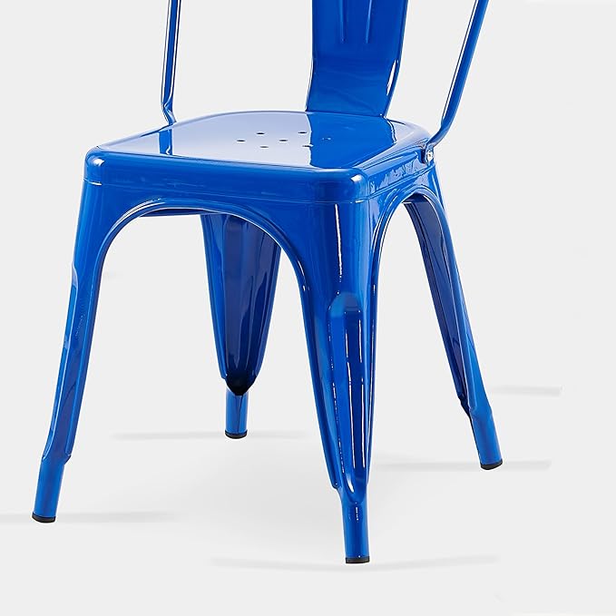 AC Pacific 18 Inch Seat Height Industrial Metal Dining Chairs, Stackable Kitchen or Bar Seat, Durable Modern Design, Versatile Accent Furniture, Set of 4, Blue