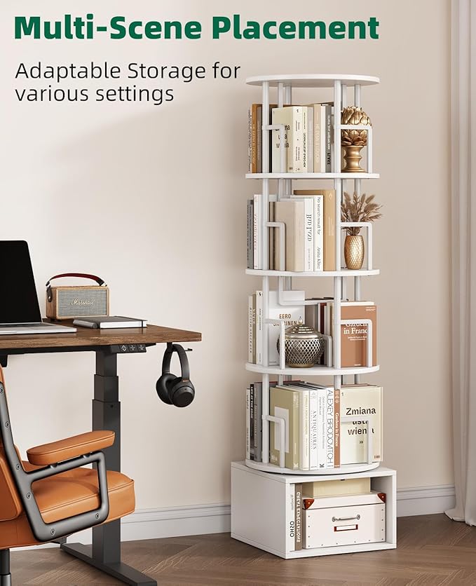 5 Tier Rotating Bookshelf with Extra Storage Cabinet, 360°Spinning Corner Bookshelf, Floor Standing Bookcase for Kids & Adult, Narrow Book Shelf for Bedroom Living Room, Pure White