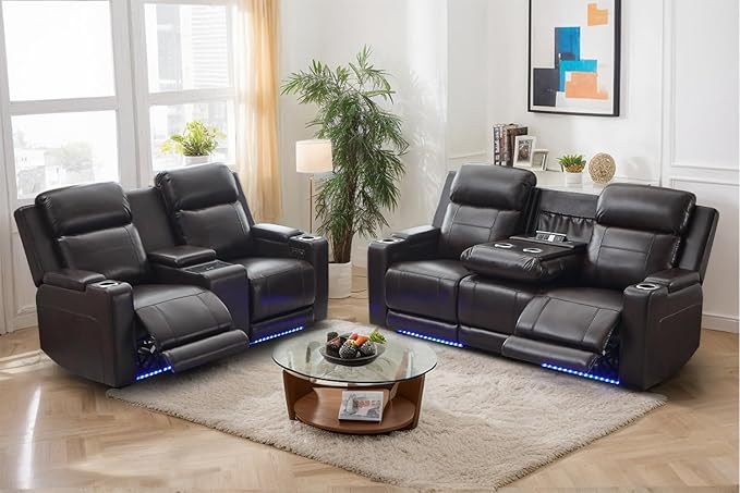 Netpane Power Reclining Sofa Set with LED/Adjustable Headrest, Power Recliner Sofa and Loveseat Set with Wireless Charger/Armrest Storage Console for Living Room/HomeTheater Seating (Brown&Black)