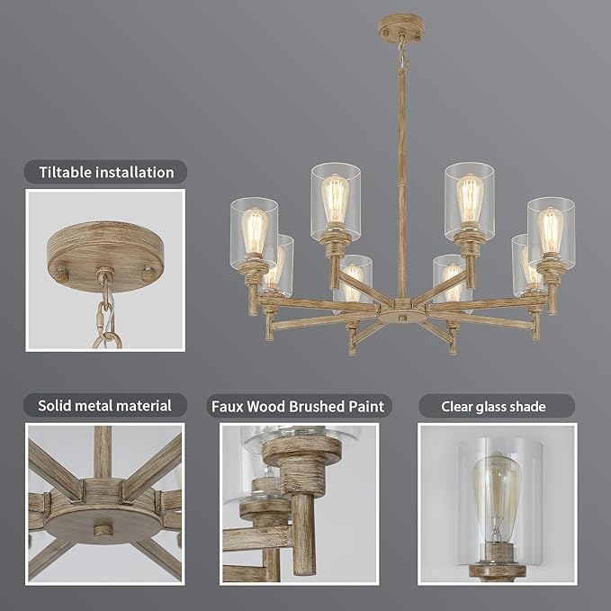 Farmhouse Chandeliers for Dining Room Light Fixture | 8 Light Rustic Chandeliers Over Table | Fake Wood Hanging Lighting with Clear Glass Cover for Living Room | Kitchen Island | Entryway | Bathroom