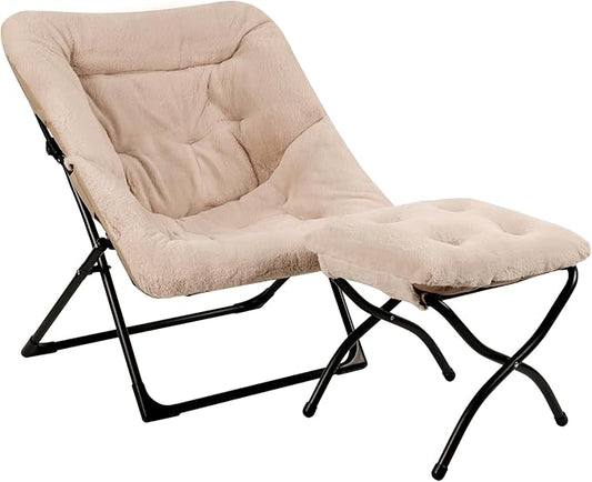 Comfy Saucer Chair for Adults, Soft Faux Fur Bedroom Chair with Ottoman, Accent Dorm Chairs, Living Room Reading Chairs and Footstool, Folding Seat for Teens, X-Large, Light Khaki
