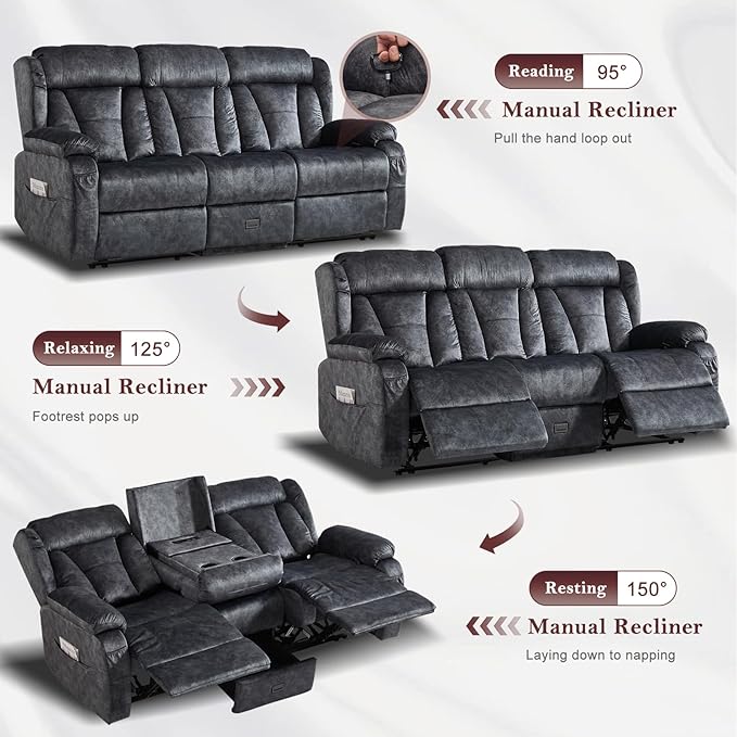 77.2" Manual Reclining Loveseat Sofa - Wall Hugger 3 Seat Loveseat Recliner with Console, Fold-Down Table and Built-in Outlets, Recliner Couch for Living Room RVs Home Theater Seating(Gray, 3 Seater)