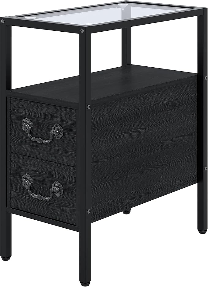VECELO Narrow Side Table, Night Stand Sofa Table with Glass Top,Bedside End Tables with Storage Drawers,Wood Nightstand for Small Spaces Living Room Bedroom,Black