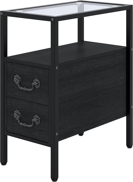 VECELO Narrow Side Table, Night Stand Sofa Table with Glass Top,Bedside End Tables with Storage Drawers,Wood Nightstand for Small Spaces Living Room Bedroom,Black