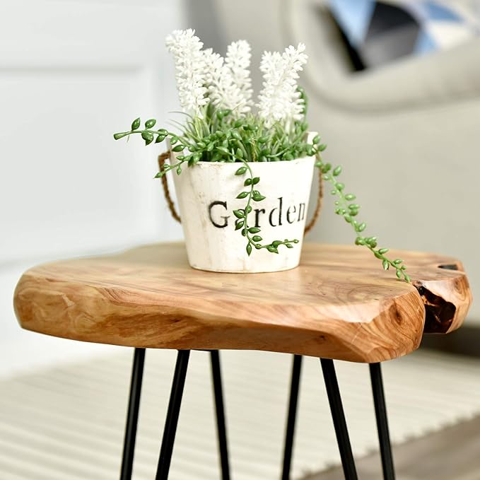 WELLAND Live Edge Side Table with Hairpin Legs, Natural Edge Side Table, Small Nightstand Wood, 15.5" Tall