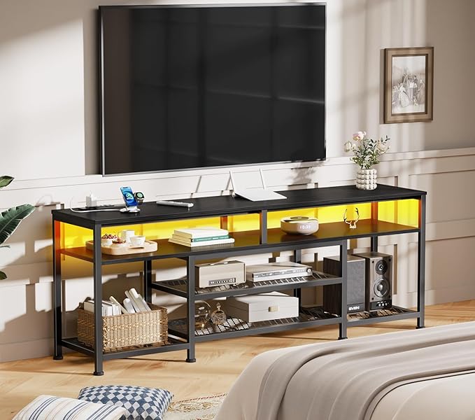 Furologee TV Stand with Power Outlets and LED Lights, 63 Inch Entertainment Center for 60 65 70 Inch TVs, Media Console Table with Open Shelves, for Bedroom, Living Room, Black