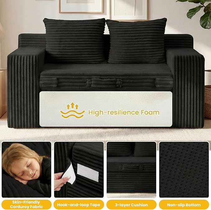 Boneless Couch,Boneless Loveseat Sleeper Sofa Bed – 3-in-1 Convertible Couch Bed with Side Pockets & Handle,Pull Out Corduroy Futon for Small Space,Living Room & Bedroom,2 Pillows Included,No Assembly