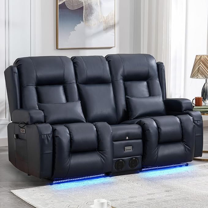 IPKIG Power Recliner Sofa with Flip-Up Backrest Console, USB & USB-C Ports, AC Outlet, LED Lights, Wall Hugger Recliners for Living Room, RV (Dark Blue, 67" - 3 Seat) | Breathable Leather, Zero Gravity, Dual Reclining, 2 Lumabr Pillow, Bluetooth Speakers