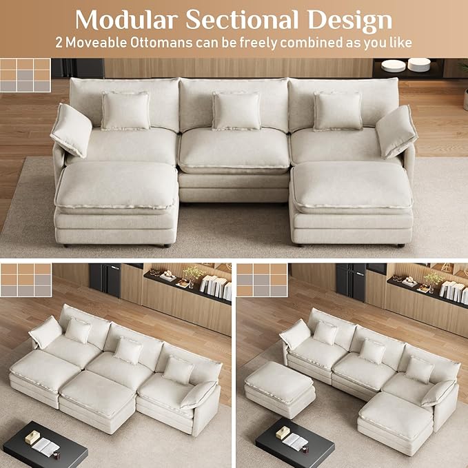 114" U Shaped Cloud Couch Sectionals Oversized Sectional Couches for Living Room Modular Couch, Large Velvet Cloud Sofa with Movable Ottoman, Beige