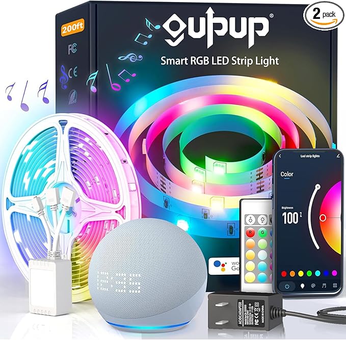 GUPUP 200ft LED Strip Lights WiFi, Compatible with Alexa & Google Assistant, 2 Rolls of 100ft RGB Led Light Strip,Color Changing, Music Sync Tape Lighting for Bedroom, Party, Home Decor