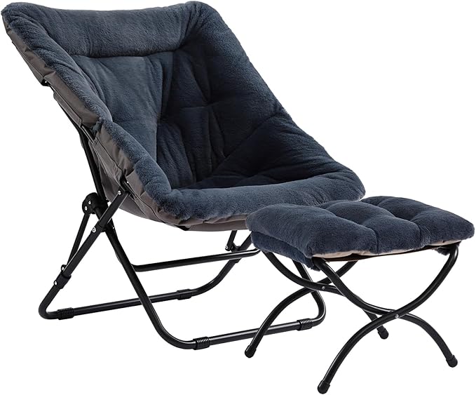 Saucer Chair with Ottoman, Comfy Doorm Chairs, Oversized Folding Faux Fur Chair, Foldable Metal Frame Chair for Bedroom, Living Room(Navy Blue)