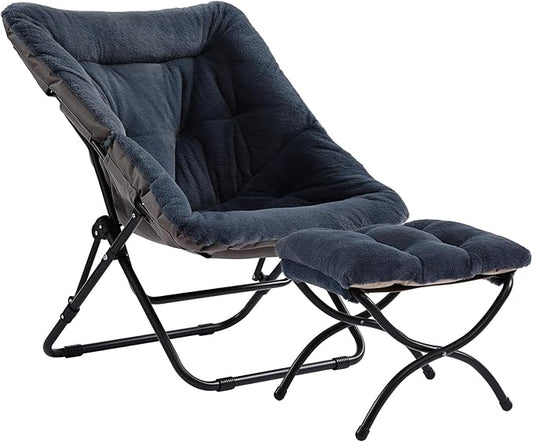 Saucer Chair with Ottoman, Comfy Doorm Chairs, Oversized Folding Faux Fur Chair, Foldable Metal Frame Chair for Bedroom, Living Room(Navy Blue)