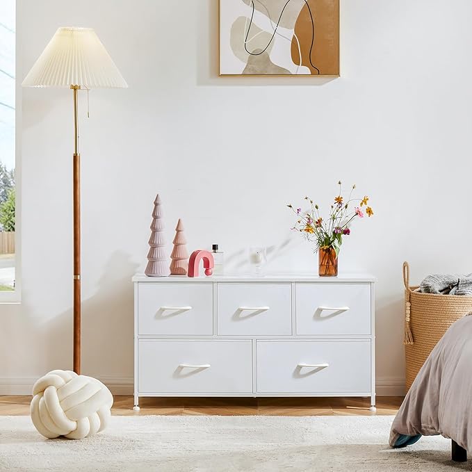 OLIXIS 5 Drawer Dresser Nightstand Classic White, Wooden Top Metal Frame Fabric Storage Organizer for Bedroom Living Room Entryway, Wide TV Stand Closet Chest Furniture