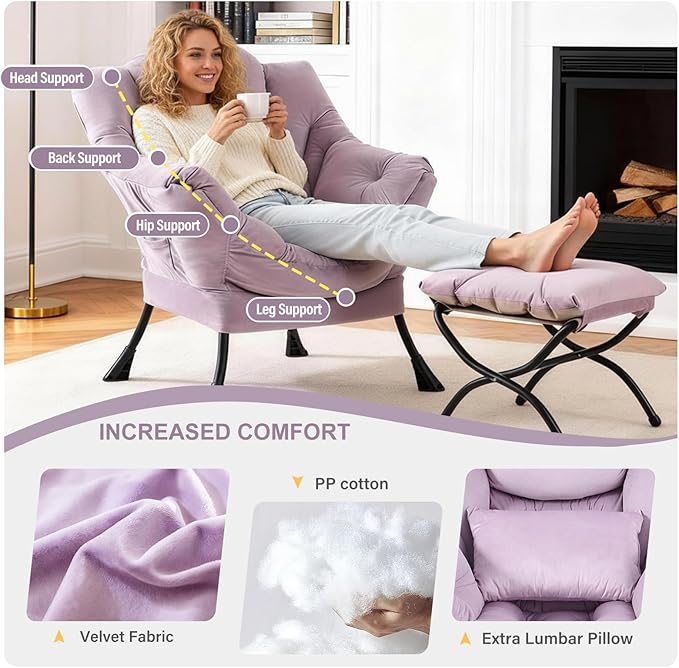 Lazy Chair with Ottoman, Modern Accent Chair with Lumbar Pillow, Velvet Light Purple Sofa, Armchairs with Folding Footrest, Oversized Supportive Chairs for Bedroom, Reading