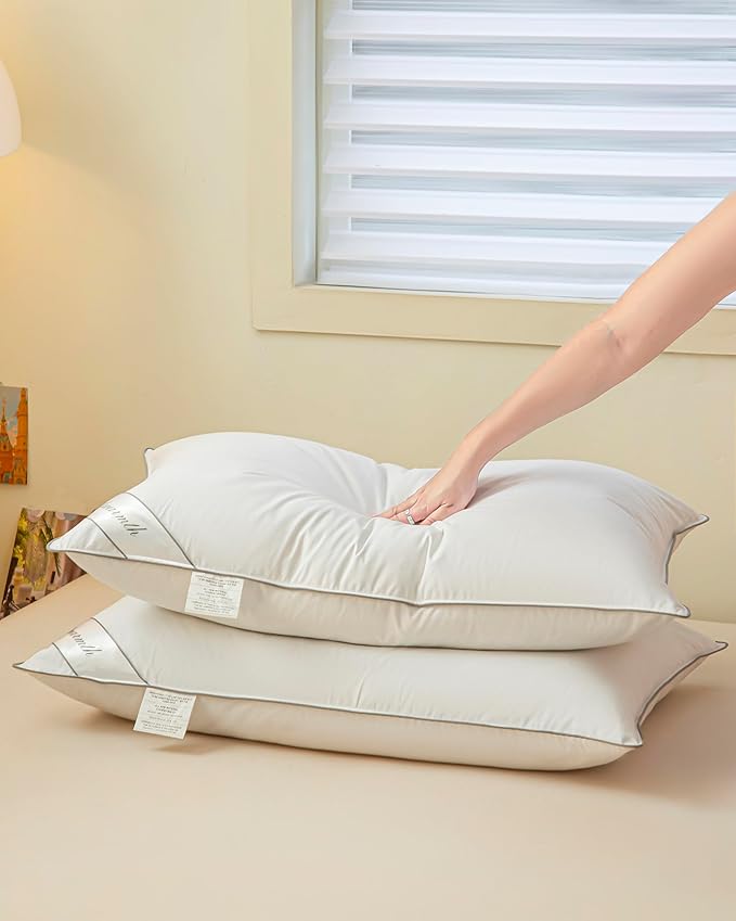 King Size Goose Down Feather Hotel Collection Bed Pillows with Grey Piping for Sleeping,100% Cotton Cover White Color King(20x36IN) One Pillow