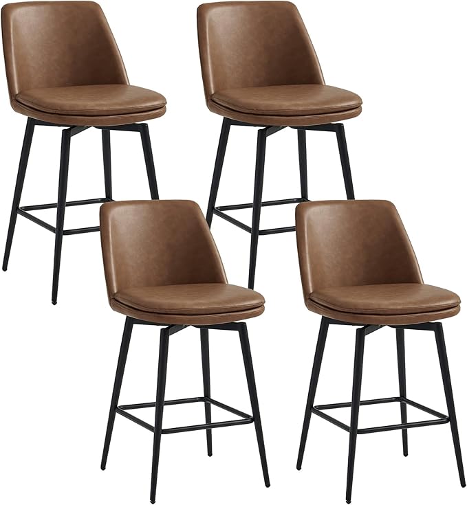 CHITA Swivel Bar Stools, 27.2" Counter Height Bar Stools Set of 4, FSC Certified Upholstered Modern Counter Stools, Metal Legs, Faux Leather, Saddle Brown