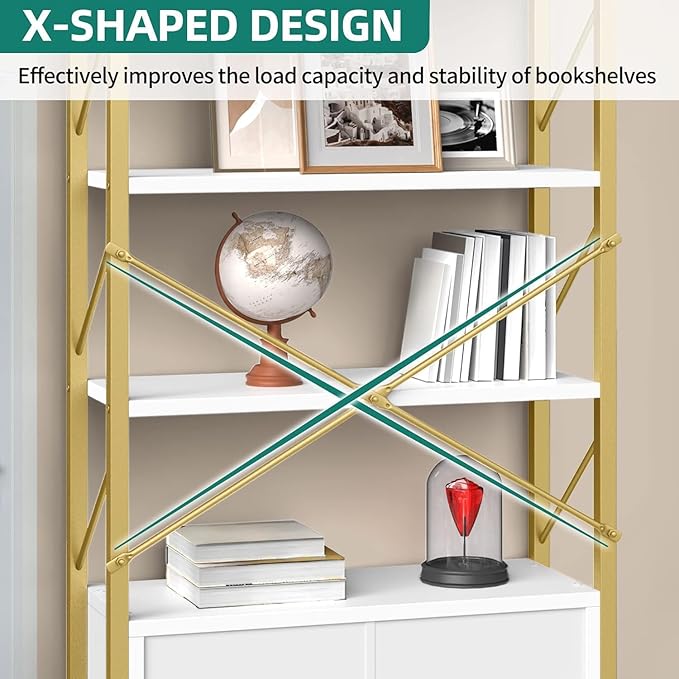 YITAHOME Bookshelf with Storage Cabinet, Modern Bookcase Standing 5 Tiers Book Shelves Display Rack with Doors for Bedroom Living Room Office, White Gold