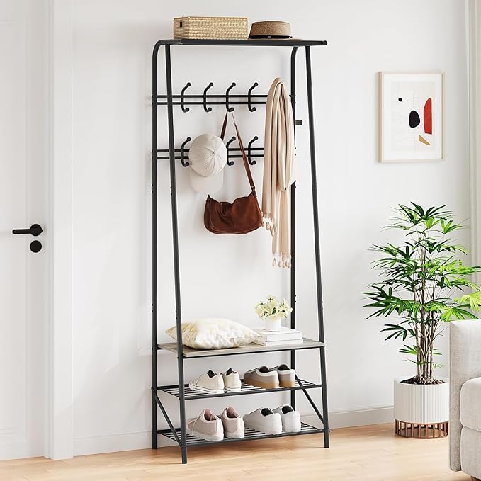 IDEALHOUSE Coat Rack Shoe Bench with 10 Hooks, Hall Trees Entryway Bench with Storage, Multifunctional Hallway Organizer, Wood Look Accent Furniture (Grey, 10 hooks-25.2 in)