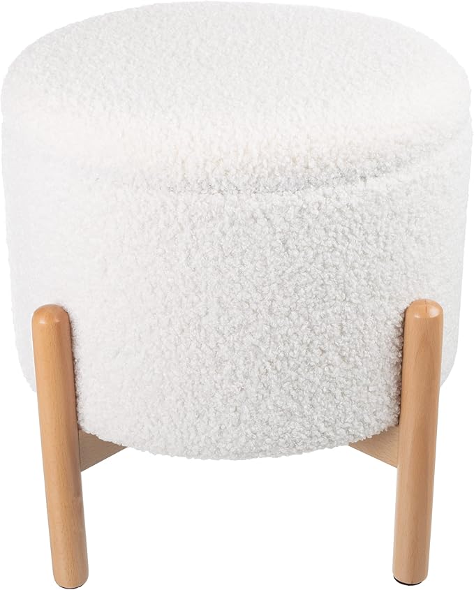 Round Sherpa Storage Ottoman Pouf with Removable Lid – Plush Couch Footrest & Hidden Organizer for Small Spaces, Dorm or Living Room by Lavish Home (White)