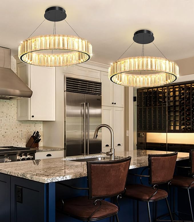 16'' Modern Ring Chandelier Crystal Chandeliers for Dining Room Round LED Dimmable Ceiling Light Fixture for Living Room Bedroom Lighting Black