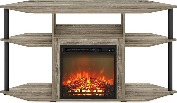 Furinno Jensen Fireplace TV Stand, Corner Entertainment Center, TV Console for TV up to 55 Inch with Fireplace, Plastic Poles and Open Storage, for Living Room, Bedroom, French Oak Grey