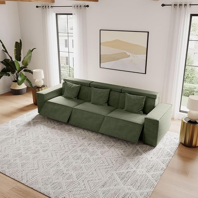 114.67'' Power Sofa for Living Room, Electric Recliner Sofa with Performance Fabric, Sofa with Pillows, Sectional Sofas with Recliners, Pet Friendly, Free Combination for Home, Green