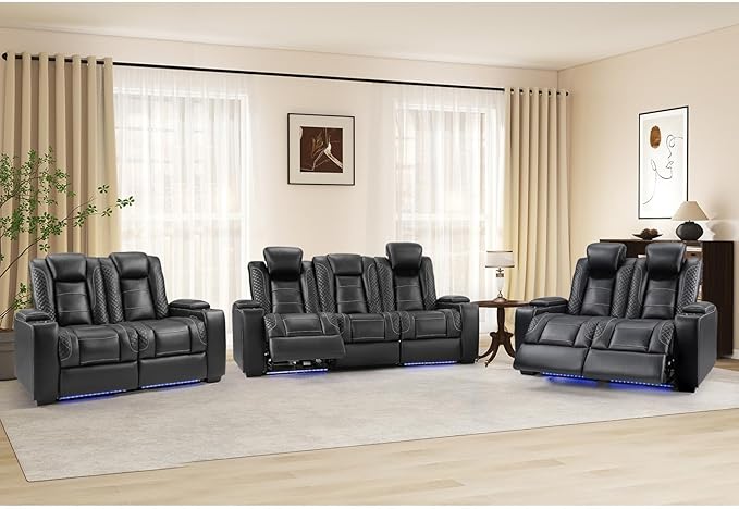 ANJ Recliner Sofa Set: 3-Seat Home Theater Seating and 2 PCS Loveseats with LED Lights, USB Charging, Faux Leather for Living Room (Black)