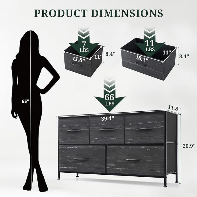 5-Drawer Dresser for Bedroom, Anti-Tip Wide Storage Organizer Fabric Chest of Drawers TV Stand for 45" TV with Wooden Top and Metal Frame for Closet, Living Room, Hallway, Entryway, Charcoal Black