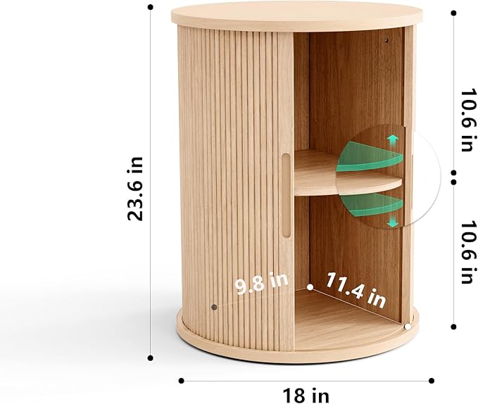 LINSY HOME Round End Table, Fluted Side Table with Sliding Tambour Door and Storage Shelf, Mid Century Modern Circular Nightstand for Bedroom, Wood Boho Tall Bedside Cabinet for Small Space, Oak