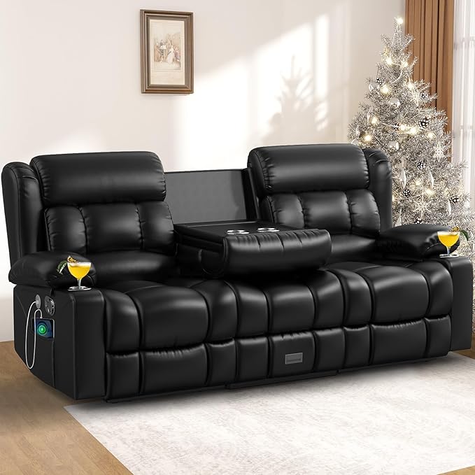 Loveseat Recliner Sofa, 3 Seater Minimalist Style Reclining Loveseat with Flip Back Console, USB Charge Ports, Cup Holders, Recliner Love Seat Couches for Living Room, RV, Black