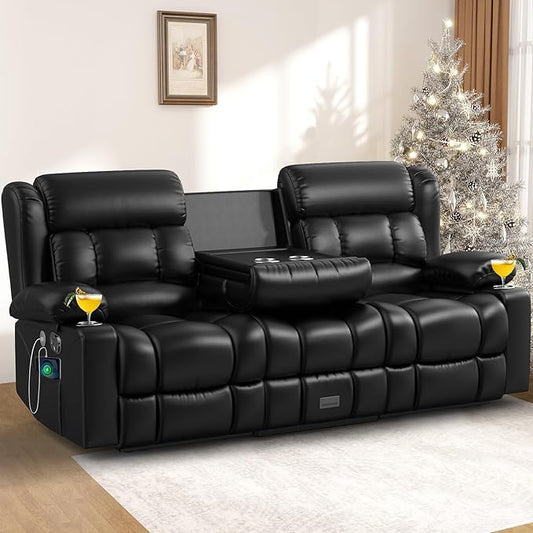 Loveseat Recliner Sofa, 3 Seater Minimalist Style Reclining Loveseat with Flip Back Console, USB Charge Ports, Cup Holders, Recliner Love Seat Couches for Living Room, RV, Black