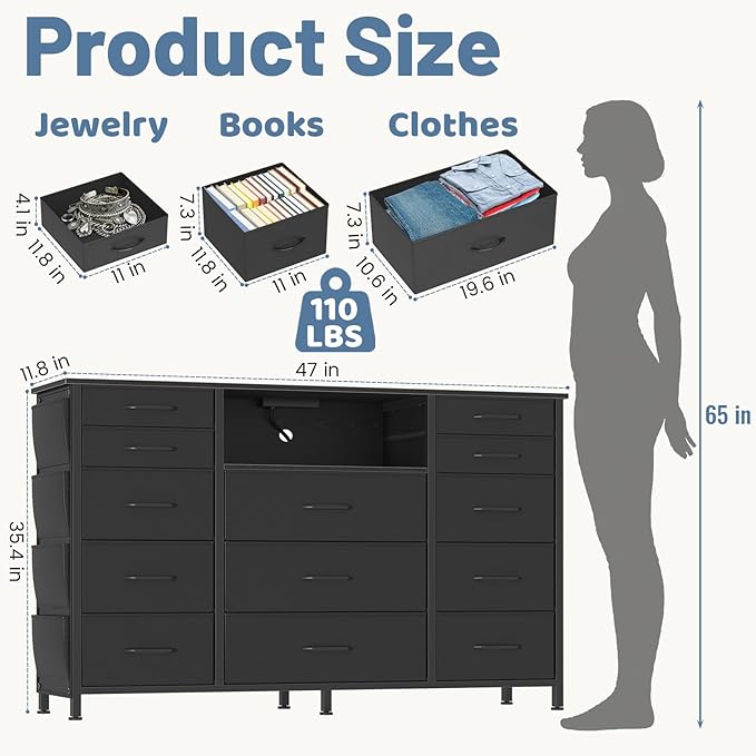 HCHQHS Dresser for Bedroom with 13 Drawers, 47 Inch Fabric Dresser with Remote Control Lights, Side Pockets & Hooks for Closet or Large TV Stand (Black)