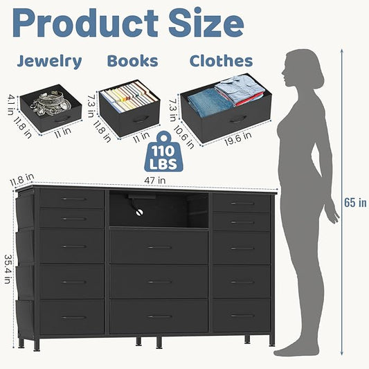 HCHQHS Dresser for Bedroom with 13 Drawers, 47 Inch Fabric Dresser with Remote Control Lights, Side Pockets & Hooks for Closet or Large TV Stand (Black)