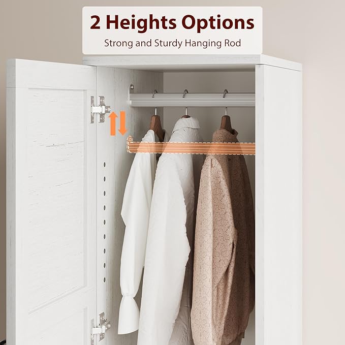 GarveeHome Armoire Wardrobe Closet with 2 Doors,72 in Wooden Wardrobe Cabinet with Hanging Rod, Narrow Tall Clothing Armoire Cabinet with 18 Adjustable Shelves for Bedroom, Clothes, Rustic White