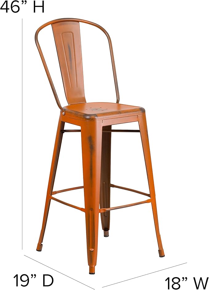 Flash Furniture Blake Commercial Grade 4 Pack 30" High Distressed Orange Metal Indoor-Outdoor Barstool with Back