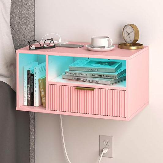 Pink Floating Nightstand with Charging Station and LED Lights,Pink