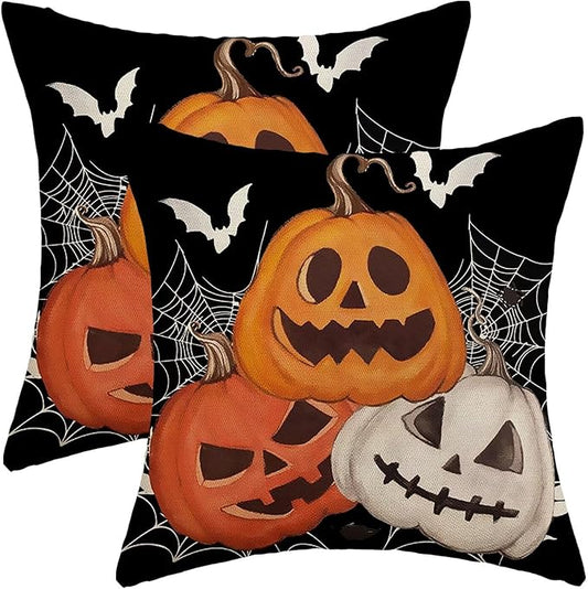BETGINY Halloween Pillow Covers 18 x 18 Inch Pack of 2, Black Pumpkin Bat Spider Web Decorative Throw Pillow Covers Vintage Linen Farmhouse Outdoor Halloween Pillowcase for Bedroom Home Sofa Decor