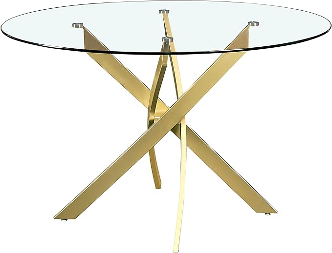 Meridian Furniture 984-T Xander Collection Modern | Contemporary Dining Table with Brushed Gold Metal Base, 48" Round Tempered Glass Top, 10MM Glass Thickness, 48" W x 48" D x 30" H, Gold