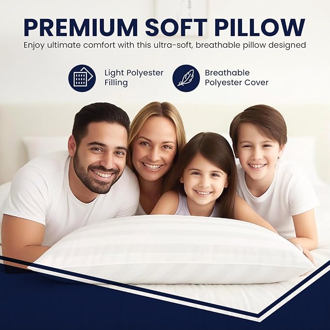 Bed Pillows for Sleeping, Set of 2 – Cooling, Hotel Quality with Soft Down Alternative Fill for Back, Stomach & Side Sleepers | White Striped Standard