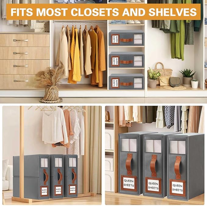 GhvyenntteS 8 Pack Bed Sheet Organizers and Storage (Queen & King Size), Foldable Sheet Organizers and Storage with Window and Label, Bed Sheet Organizer with Leather Handle, Grey