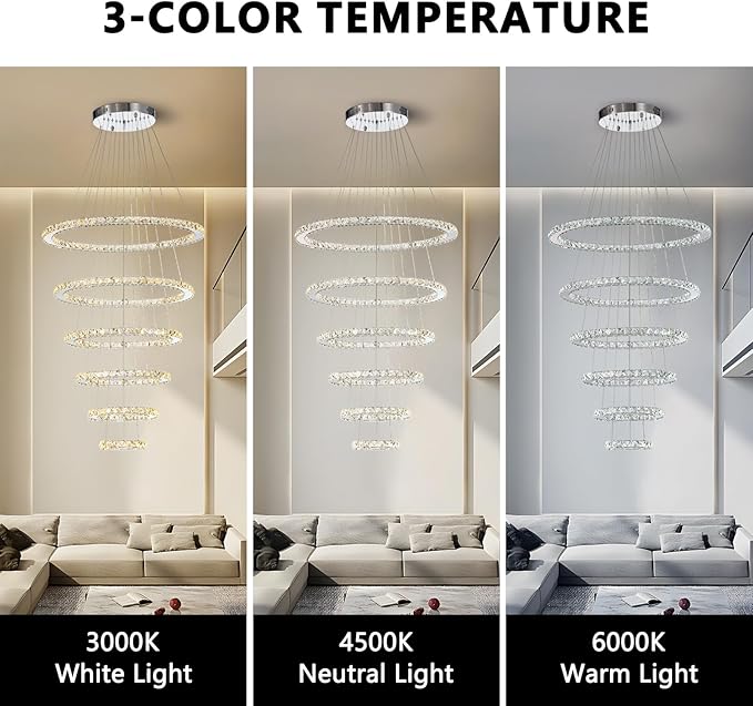 Modern Crystal Chandelier for High Ceiling Lights Fixtures Luxury 6 Ring Led Chandelier for Dining Room Big High Ceilings Foyer Chandeliers for Living Room Entryway Staircase, D8"-12"-16"-20"-24"-28"