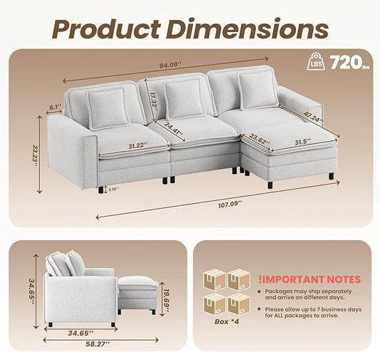 MALOL Modular Sectional Sofa 107", Comfy Cloud Couch with Ottoman, Deep 4-Seat L Shaped Modular Sofa, Couches with Throw Pillows for Living Room, Beige