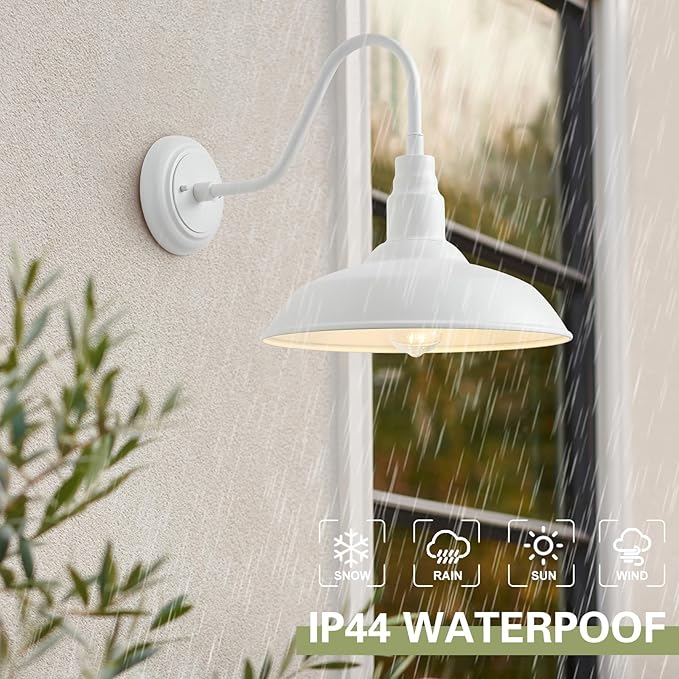 2 Pack 14in Barn Gooseneck Lights for House, White Outdoor Farmhouse Wall Light Fixture for Porch, Exterior Patio Wall Sconce for Front Door, Garage