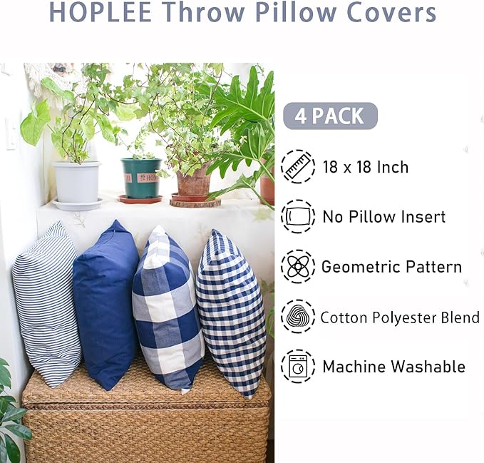 HOPLEE Christmas Pillow Covers 18x18 Nautical Blue and White Pillow Covers with Buffalo Plaid, Solid Navy Blue, Striped and Gingham Plaid Design 18x18 inch,4 Pack