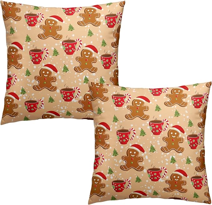 Christmas Orange Gingerbread Man Throw Pillow Cover Xmas Trees Candy Cane Hot Cocoa Snowflake Pillow Case Covers 22x22 In Christmas Cute Celebration Graphic Cushion Cover for Home Couch Sofa, 2 Pack