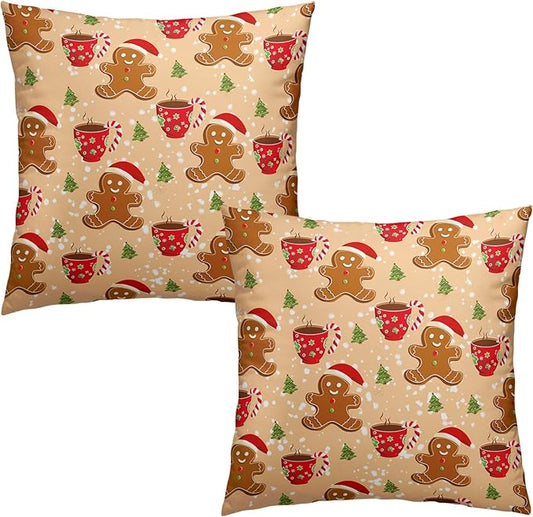 Christmas Orange Gingerbread Man Throw Pillow Cover Xmas Trees Candy Cane Hot Cocoa Snowflake Pillow Case Covers 22x22 In Christmas Cute Celebration Graphic Cushion Cover for Home Couch Sofa, 2 Pack