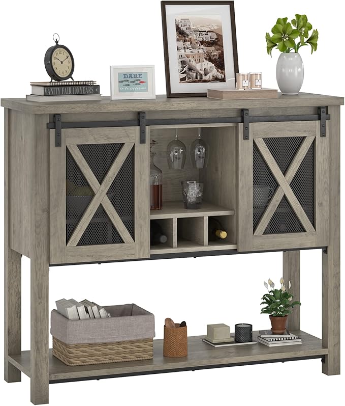 Bar Cabinet, Farmhouse Buffet Storage Cabinet with Wine Glass Rack, Wood Coffee Bar Table Kitchen Sideboards and Buffets with Barn Door, Liquor Cabinet Bar for Home, Dinning, Living Room