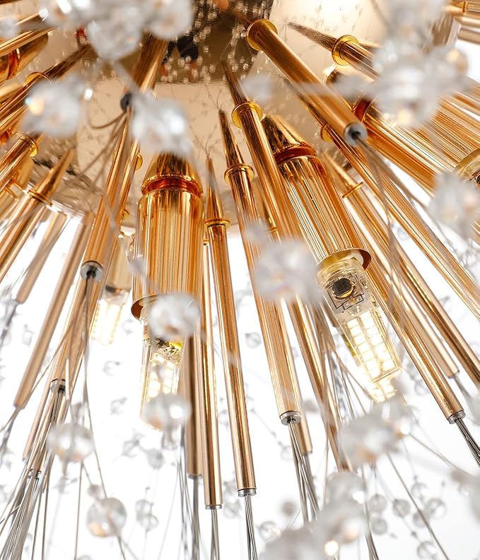 Gold Crystal Chandeliers Dandelion, 31.4" Steel Firework Chandelier Large Lighting, 16-Light Modern Sputnik Pendant Light Fixture for Living Room Bedroom
