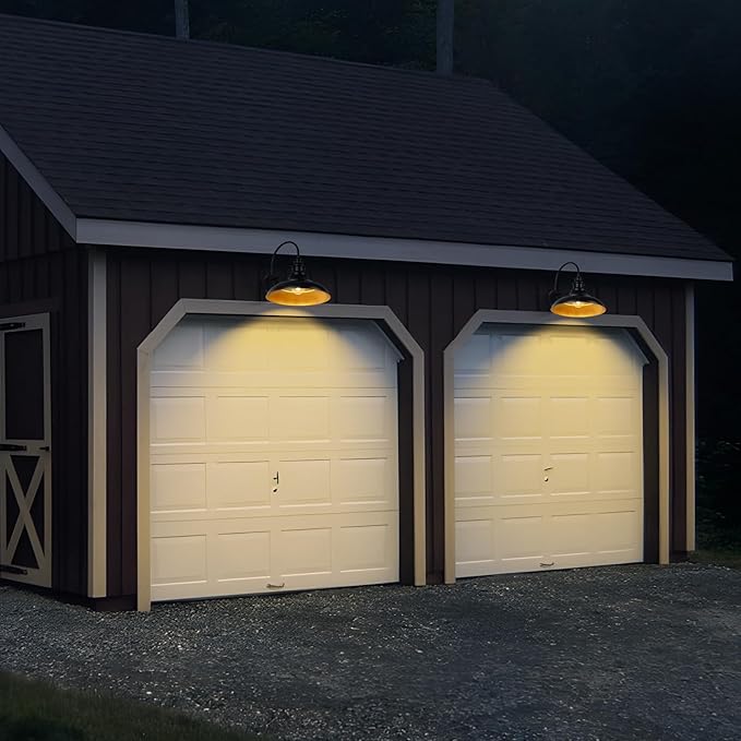 Dusk to Dawn Sensor Outdoor Barn Light Fixture, 16 Inch Dome Farmhouse Outdoor Wall Sconce, Exterior Wall Mount Light, Industrial Black Gold Wall Lantern for Porch, Garage, Shed,1 Pack